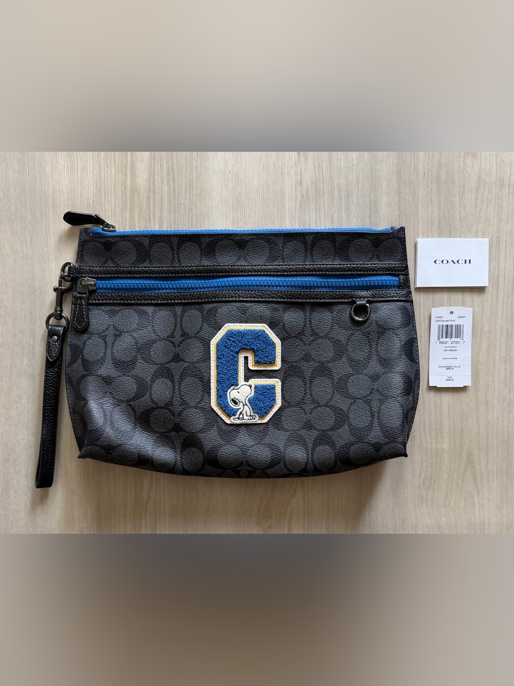 Coach X Peanuts Carryall Pouch Signature Canvas Snoopy Blue Zip Monogram